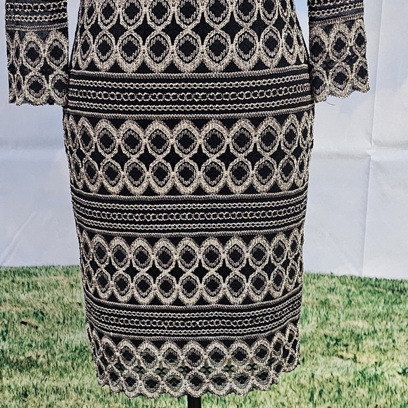 CACHE | CROCHETED LACE COCKTAIL BODYCON QUARTER SLEEVE DRESS - Picture 11 of 16